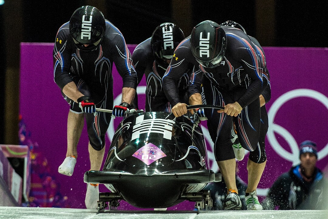 KRASNAYA POLYANA, RUSSIA  - JANUARY 22:Night Train 2, piloted by Steven Holcomb and pushed by Chris Fogt, Curtis Tomasevicz, Steve Langton, compete in the four-man bobsled at Sanki Sliding Center during the 2014 Sochi Olympics Saturday February 22, 2014. After the first run, they are in third place with a time of 54.89. (Photo by Chris Detrick/The Salt Lake Tribune)