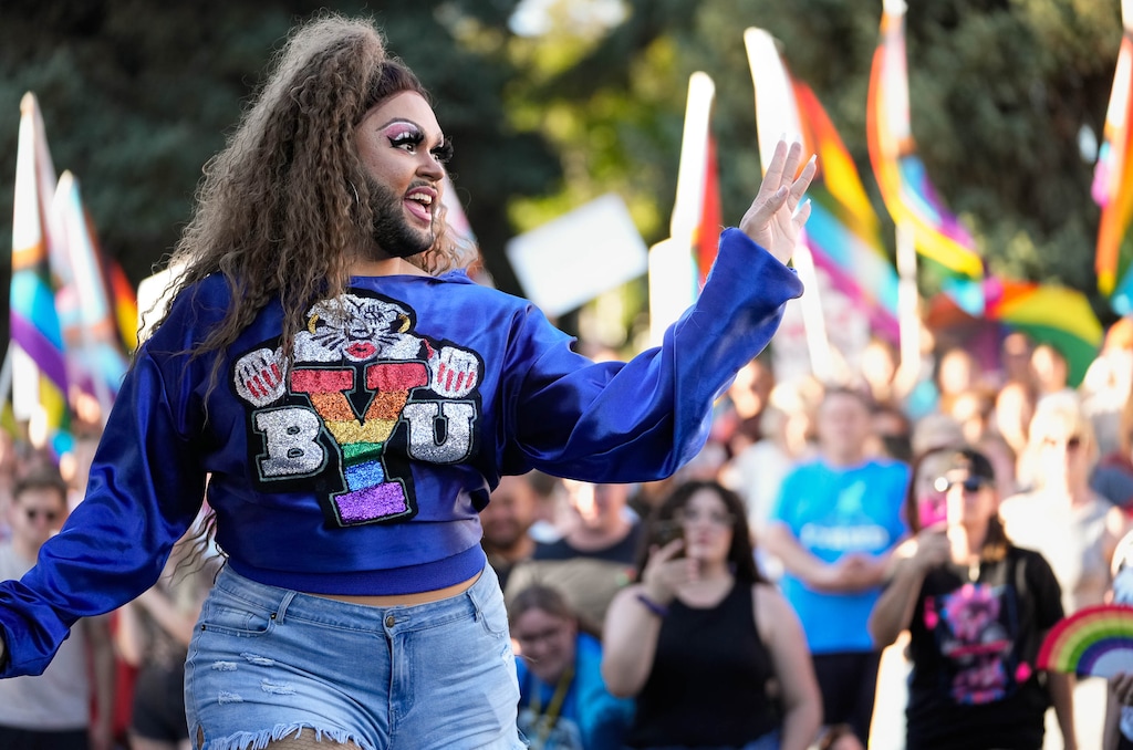 (Francisco Kjolseth | The Salt Lake Tribune) Jaliah kicks off the start of the showcase drag show as the RaYnbow Collective hosts a Back to School Pride Night for BYU students at Kiwanis Park in Provo on Saturday, Sept. 3, 2022. BYU has been thrust into the national spotlight in the past few weeks; these are the stories that have drawn attention.