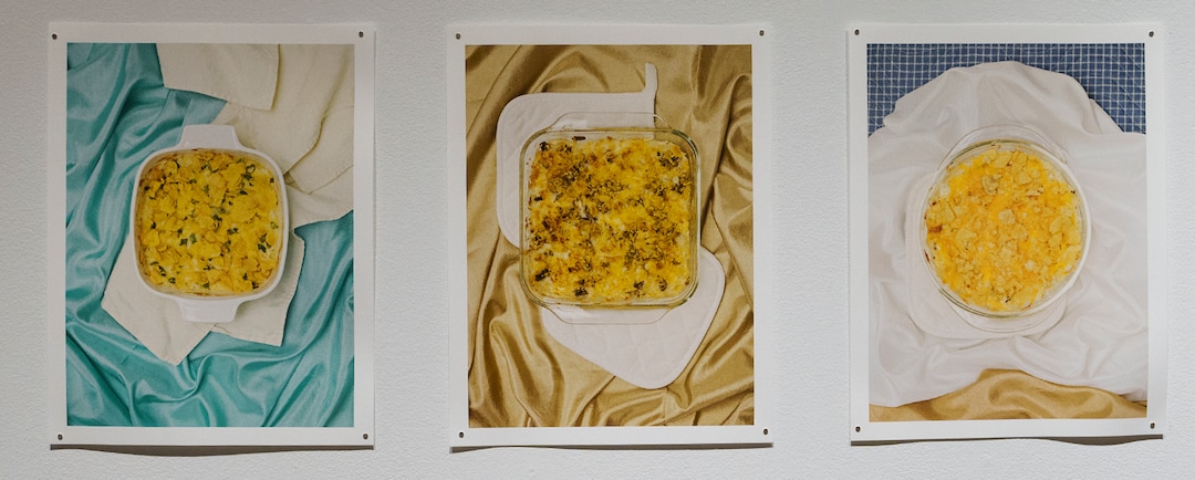 (Leah Hogsten | The Salt Lake Tribune) The Passion Series (Funeral Potatoes) Archival Pigment Prints, 2021, from "Marrow" a photo exhibit by Daniel George at The Utah Museum of Contemporary Art, Sept. 3 2021. George examines the culinary and cultural heritage of members of The Church of Jesus Christ of Latter-day Saints. George recreated and photographed dishes from Ward Cookbooks, including Funeral Potatoes, Casseroles, Jello creations, turning food into folk art.