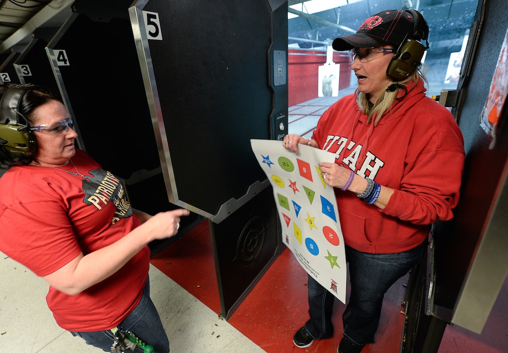 (Francisco Kjolseth  |  Tribune file photo)  Melanie Lewis, left, and Connie Peterson, both members of The Well-Armed Woman of Utah, Jordan Valley chapter gather at The Gun Vault shooting range in South Jordan for shooting practice in this March 23, 2018, file photo.