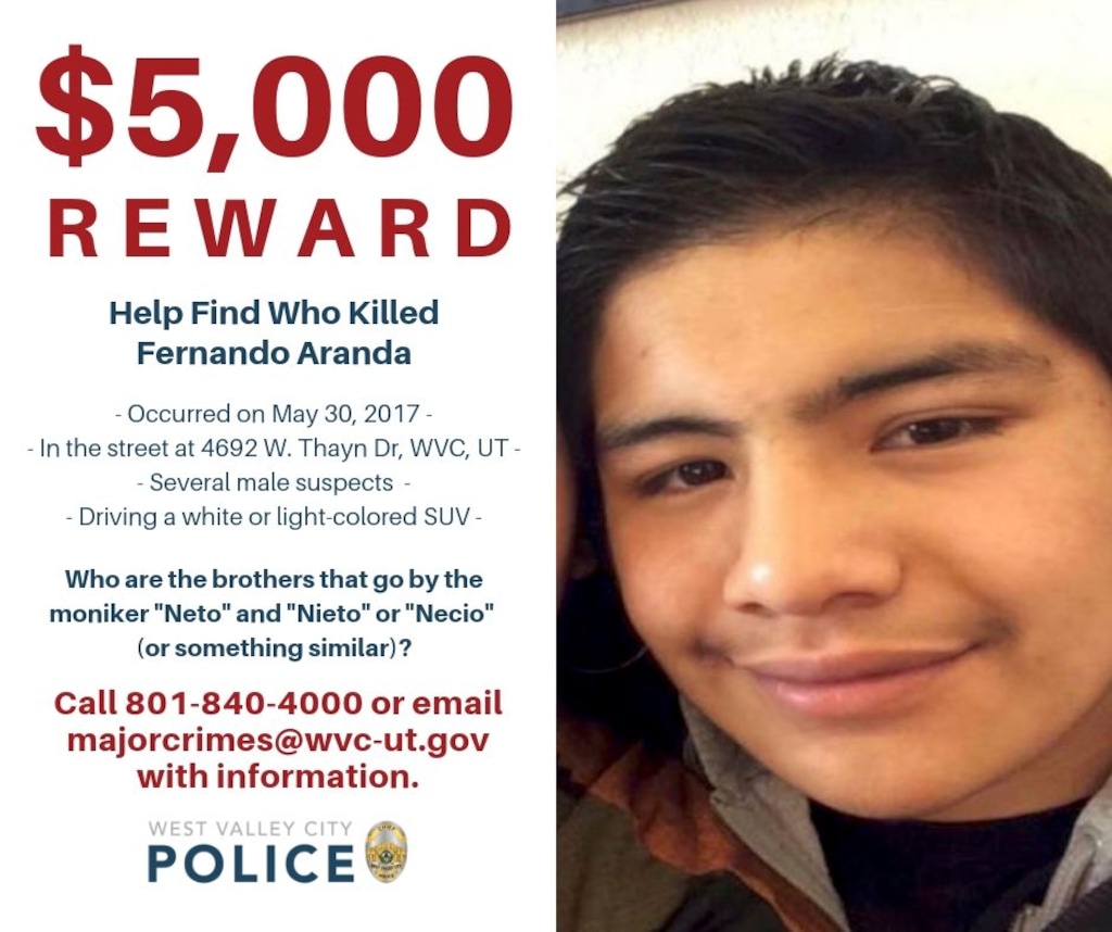 (Courtesy West Valley City Police) The WVCPD is offering a $5,000 reward for information about the killing of 16-year-old Fernando Aranda in 2017.