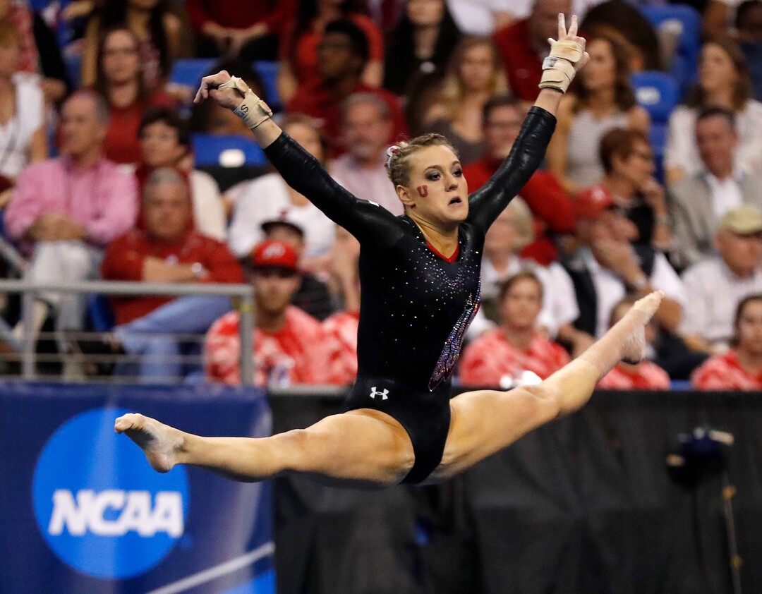 Utah's Tiffani Lewis competes on the floor exercise during the NCAA college women's gymnastics championships, Saturday, April 15, 2017, in St. Louis. (AP Photo/Jeff Roberson)