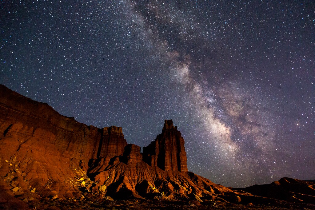 (Jacob W. Frank  | National Park Service)  The Milky Way arches over Capitol Reef National Parkís iconic Chimney Rock.
