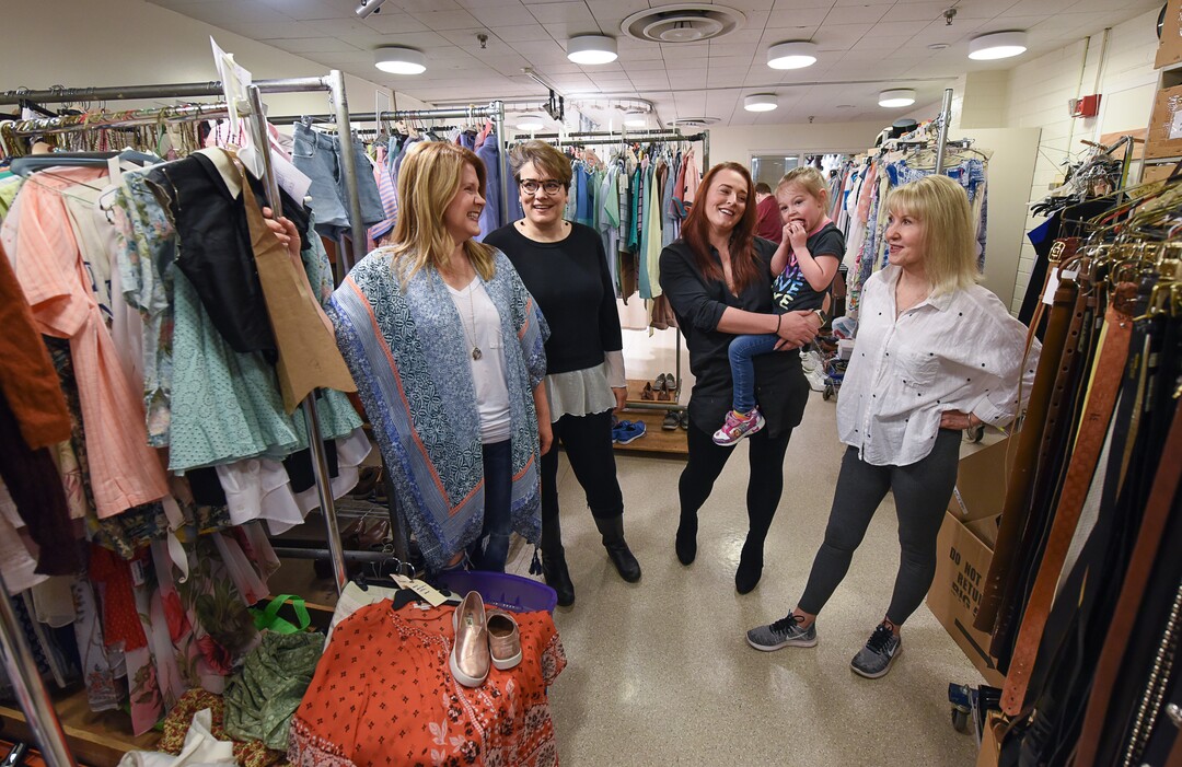 (Francisco Kjolseth  |  The Salt Lake Tribune)  Cast and crew members of the musical "Mamma Mia!" at Pioneer Theatre maintain rich parallels to themes of the musical having spent years juggling schedules to balance mothering and professional work. Actor Mary Fanning Driggs, who has six kids, costume designer Brenda Van der Wiel, single mom of two, Megan Shenefelt with daughter Sovay, 3, and New York based director/choreographer Patricia Wilcox, mother of two, from left, have extensive stories of making it work. 