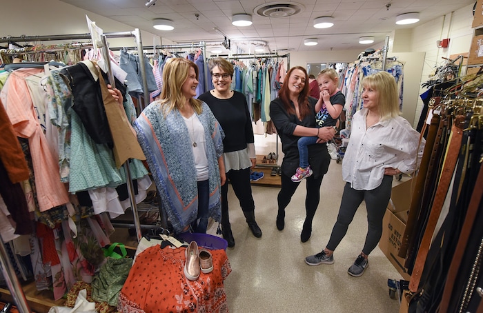 (Francisco Kjolseth  |  The Salt Lake Tribune)  Cast and crew members of the musical "Mamma Mia!" at Pioneer Theatre maintain rich parallels to themes of the musical having spent years juggling schedules to balance mothering and professional work. Actor Mary Fanning Driggs, who has six kids, costume designer Brenda Van der Wiel, single mom of two, Megan Shenefelt with daughter Sovay, 3, and New York based director/choreographer Patricia Wilcox, mother of two, from left, have extensive stories of making it work. 