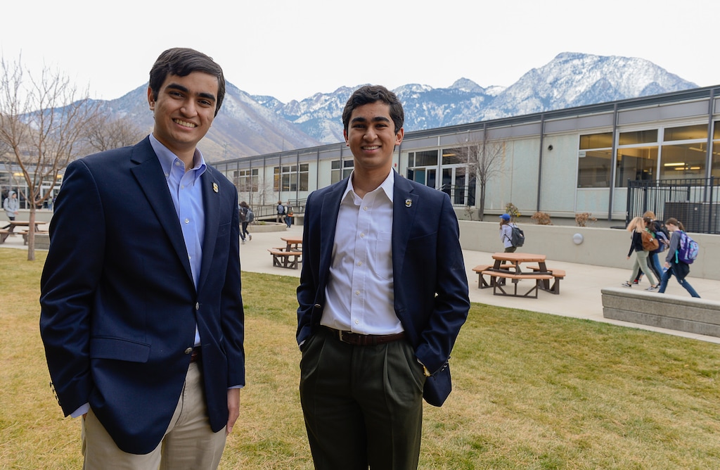 (Francisco Kjolseth  |  The Salt Lake Tribune)  Twin 16-year-old brothers Kanishka, left, and Vikrant Ragula, seniors at Skyline, created a marketing campaign that helped get the bond passed that will rebuild their high school.