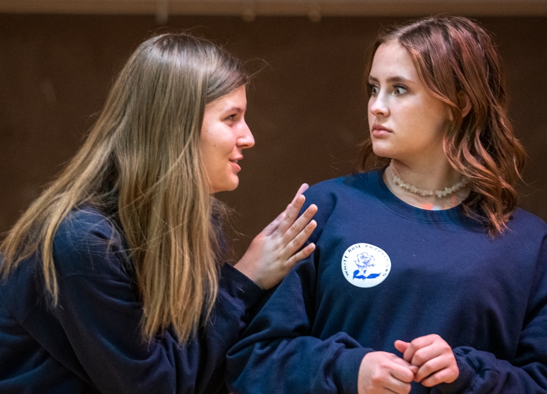 (Rick Egan | The Salt Lake Tribune)  Olympus high school students Sarah Cundock and Ellie England run through a scene, during a rehearsal for a musical based on the young adult fantasy book, "Heartless," on Friday, April 1, 2022.