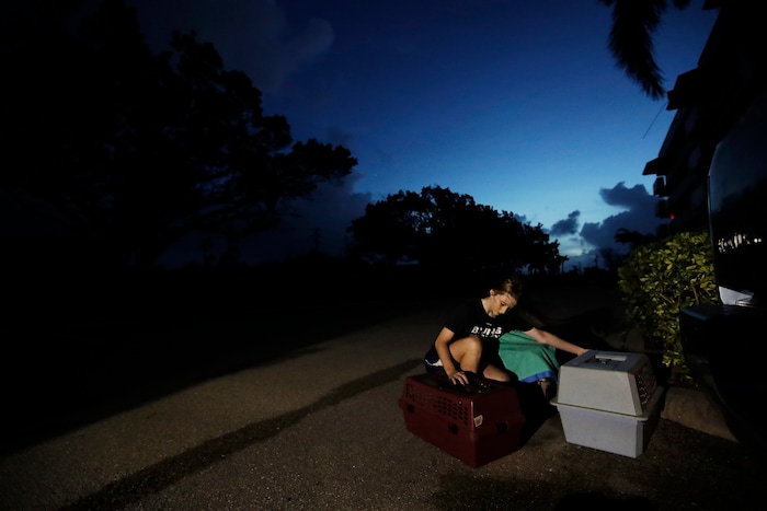 Caitlin Raymond, 12, checks on her cats as she leaves with her family from her Grandmother's fourth floor apartment where they rode out Hurricane Irma to return to their low lying home a mile away in Marco Island, Fla., Monday, Sept. 11, 2017. (AP Photo/David Goldman)