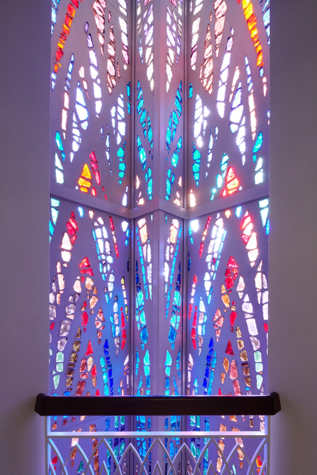 (The Church of Jesus Christ of Latter-day Saints) Stained glass windows in the newly renovated Washington D.C. Temple. The glass motifs were disassembled by hand, cleaned and placed back together, according to the church.