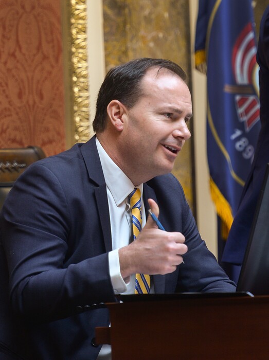 (Leah Hogsten | The Salt Lake Tribune) Utah Sen.ÊMike Lee, R-Utah gives Rep. Ken Ivory, R-West Jordan a thumbs up as Ivory presents his co-sponsored bill (HCR19) Concurrent Resolution Regarding the Impact of Federal Lands on the State Education System during Lee's visit to the House at the Capitol, Wednesday, Feb. 21, 2018.