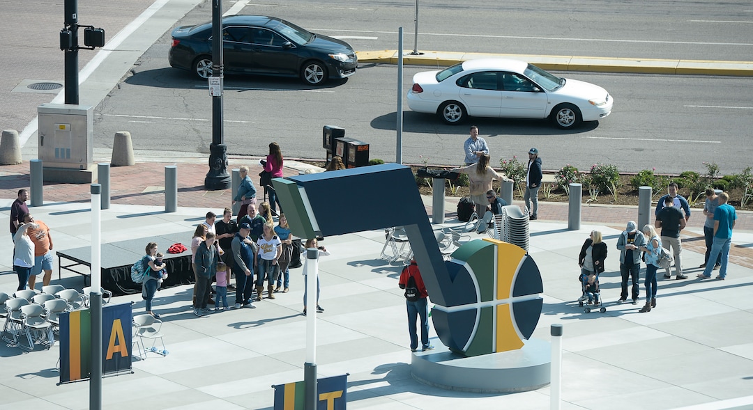 (Francisco Kjolseth  |  The Salt Lake Tribune)  The Jazz unveil renovations for the arena, starting with the J-Note statue and then offering self-guided tours of the venue on Tuesday, Sept. 26, 2017. The arena features new seats, new concourse areas, new anchor restaurants and open spaces for more social experiences at Jazz games and events.