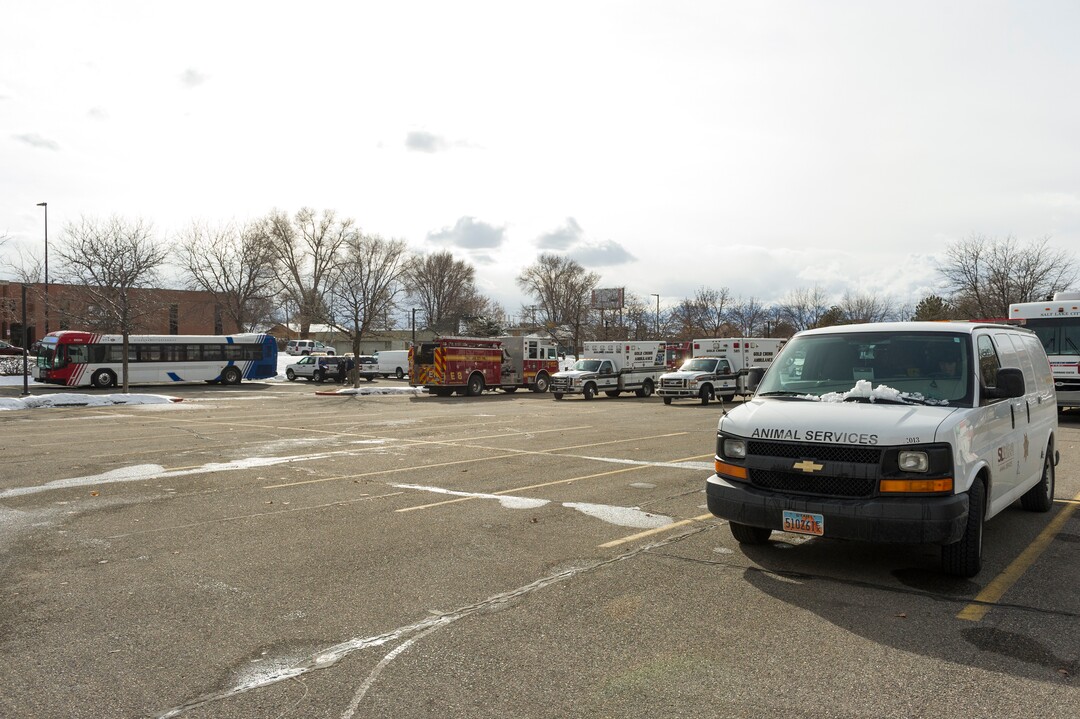 Alex Gallivan  |  Special to the Tribune 

Various agencies from Salt Lake City perform an evacuation of remaining tenants at The Georgia Apartments, Saturday February, 2019