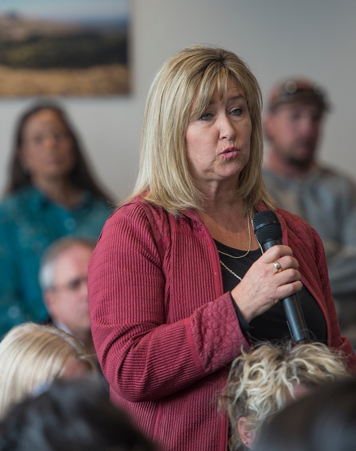 (Leah Hogsten  |  The Salt Lake Tribune)  San Juan County School Board Vice President, Merri Shumway gives her opinion to U.S. District Judge Robert Shelby and his redistricting team. The redistricting proposals would redraw voting districts to ensure significant American Indian majorities in two of three County Commission districts and on four of five school board voting districts as the result of a January 2012 lawsuit filed in U.S. District Court by the Navajo Nation. The lawsuit seeks the redrawing of voting districts to reflect the 2010 U.S. Census. Last year, U.S. District Court Judge Robert Shelby ruled the voting districts in the sprawling southeastern Utah county, which today is home to 16,895 residents, are unconstitutional and violate the rights of American Indians. He ordered the county to redraw them.
