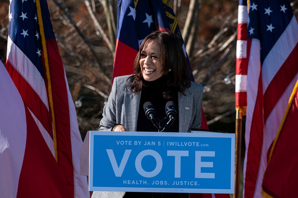 Vice President-Elect Kamala Harris campaigns for Democratic U.S. Senate challengers the Rev. Raphael Warnock and Jon Ossoff, Monday, Dec. 21, 2020, in Columbus, Ga. (AP Photo/Ben Gray)