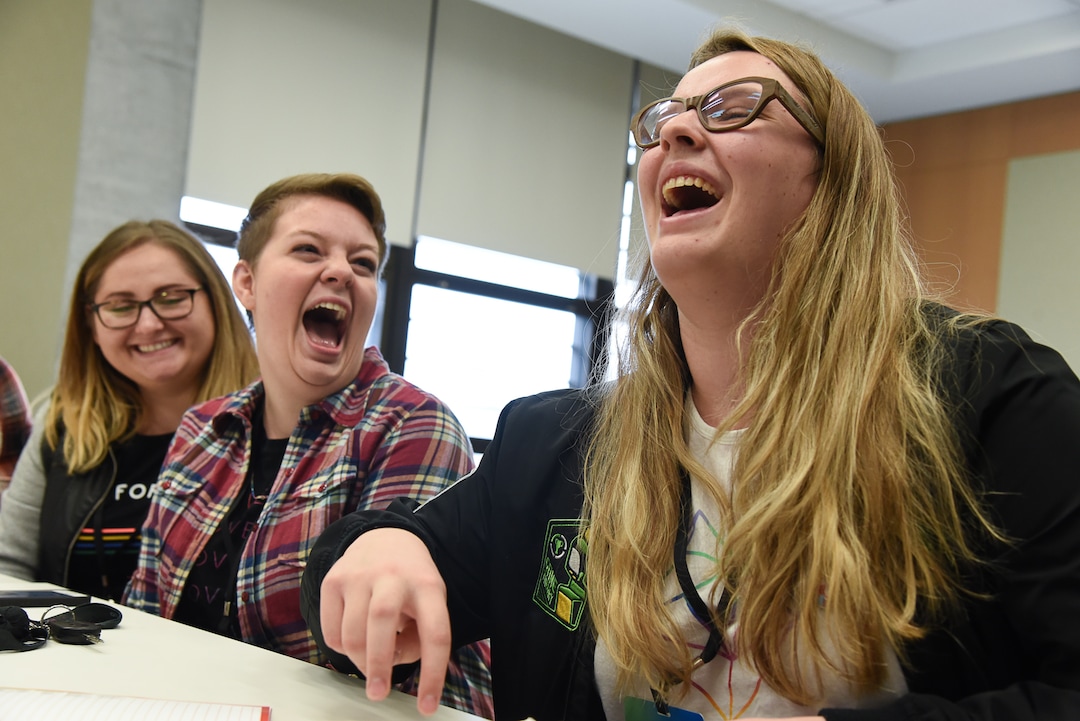 (Francisco Kjolseth  |  The Salt Lake Tribune)  Sarah Patterson, Alyssa Lewis and Sophie Nicholson, from left, relay their appreciation for a safe space to come together as they attend the "Tools To Thrive" workshop as part of EncircleÕs 2nd annual LGBTQ+ youth summit at Adobe headquarters in Lehi on Saturday, Dec. 1, 2018.
