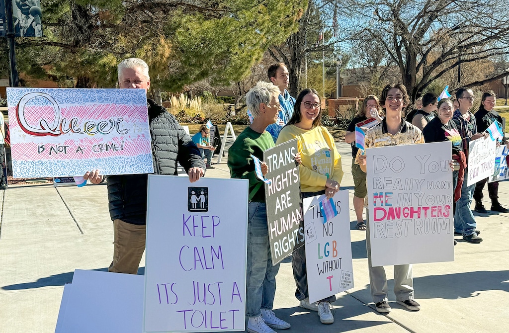 (Mark Eddington | The Salt Lake Tribune) Members of the public gather at Utah Tech University in St. George, Tuesday, Jan. 30, 2024, for a rally in support of transgender rights.