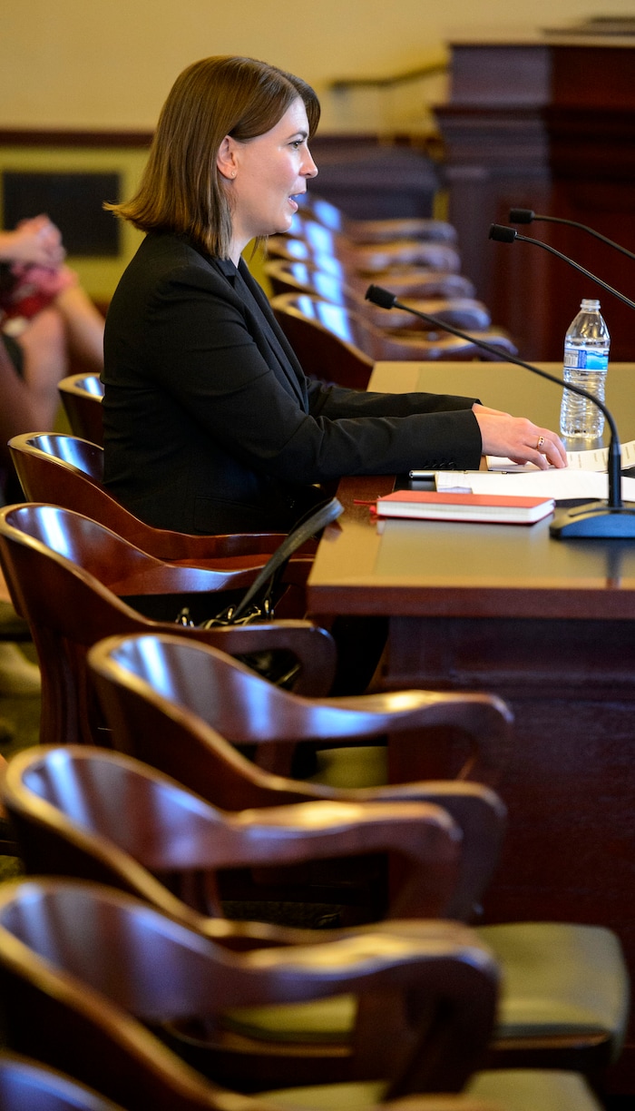 (Steve Griffin  |  The Salt Lake Tribune) Utah Supreme Court nominee Paige Petersen answers questions during her Senate Judicial Confirmation committee hearing at the State Capitol in Salt Lake City Monday November 13, 2017. Paige was joined by family and friends during the hearing.