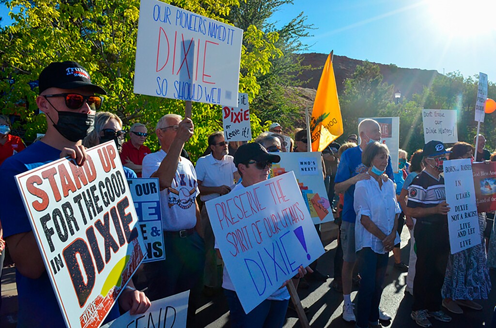 (Lexi Peery/KUER, via AP)
In this undated photo from summer 2020, shows protesters rallying in favor of keeping the nickname Dixie, in St. George, Utah. Some institutions are moving away from the Dixie because of its ties to the confederacy, but there's also pushback brewing among locals who want to appeal to lawmakers to keep it because of its local historical roots.