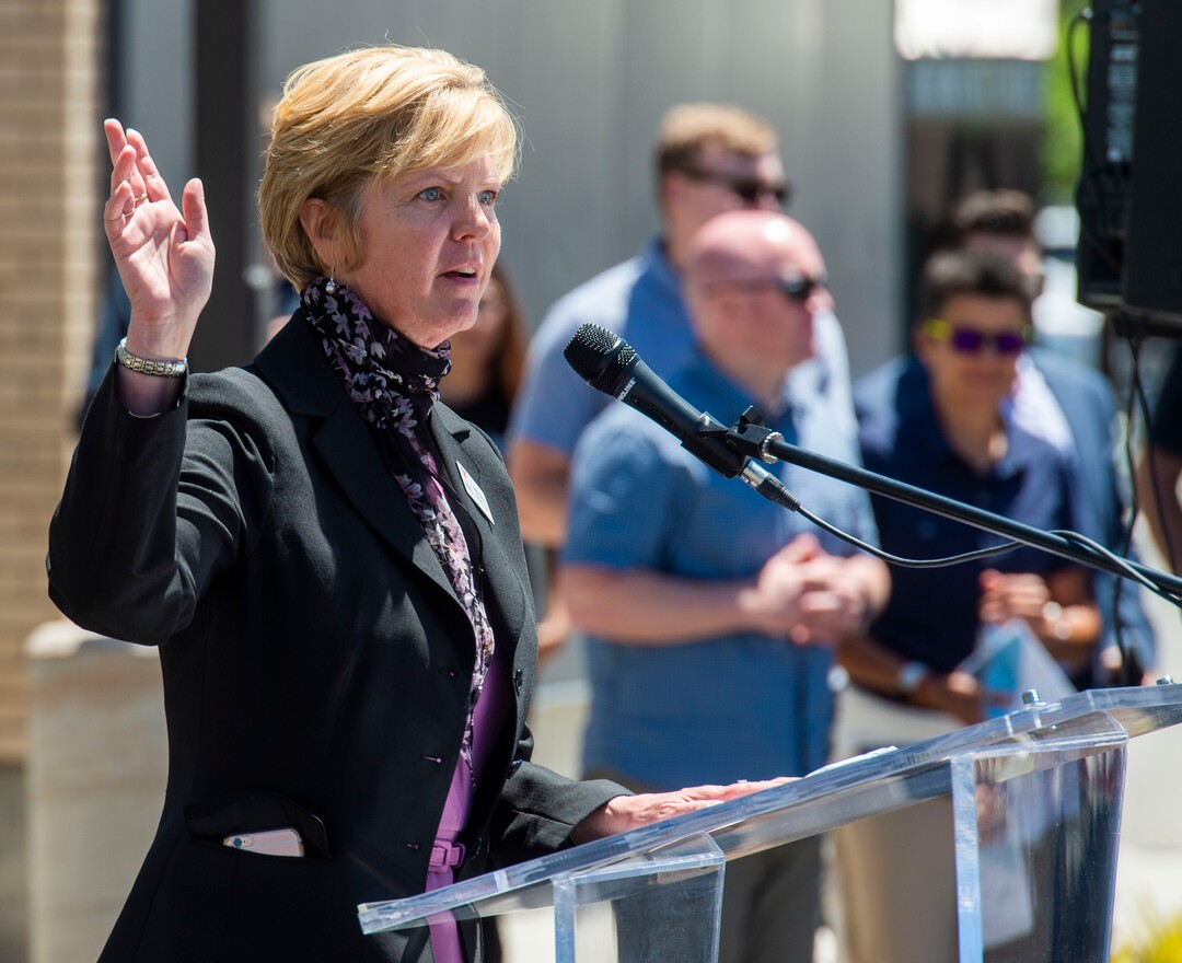(Rick Egan  |  The Salt Lake Tribune)      Kathy Bray, President and CEO of Volunteers of America, makes a comment at the ribbon cutting ceremony for the Geraldine E. King Women's Resource Center, one of three new shelters that will replace the Road Home. Friday, June 21, 2019.