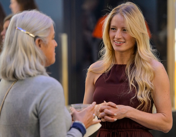 (Steve Griffin | The Salt Lake Tribune) 2018 Olympic US long track speedskater Mia Manganello mingles with guests during a homecoming event for over 50 Utah connected Olympic and Paralympic athletes, prior to the seventh annual Governor's State of Sport Awards presented by Zions Bank and hosted by the Utah Sports Commission at Vivint Smart Home Arena in Salt Lake City Wednesday April 18, 2018. Manganello won a bronze medal in the Team Pursuit event in Pyeongchang.