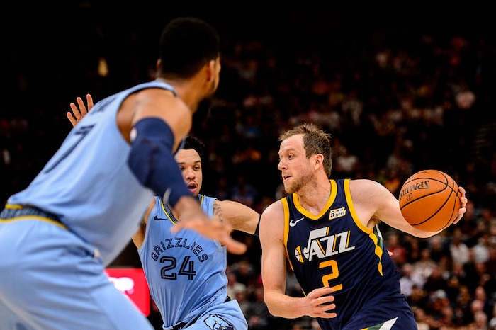 (Trent Nelson | The Salt Lake Tribune)
Utah Jazz forward Joe Ingles (2) drives on Memphis Grizzlies guard Dillon Brooks (24). Utah Jazz vs Memphis Grizzlies, NBA basketball in Salt Lake City on Friday Nov. 2, 2018.
