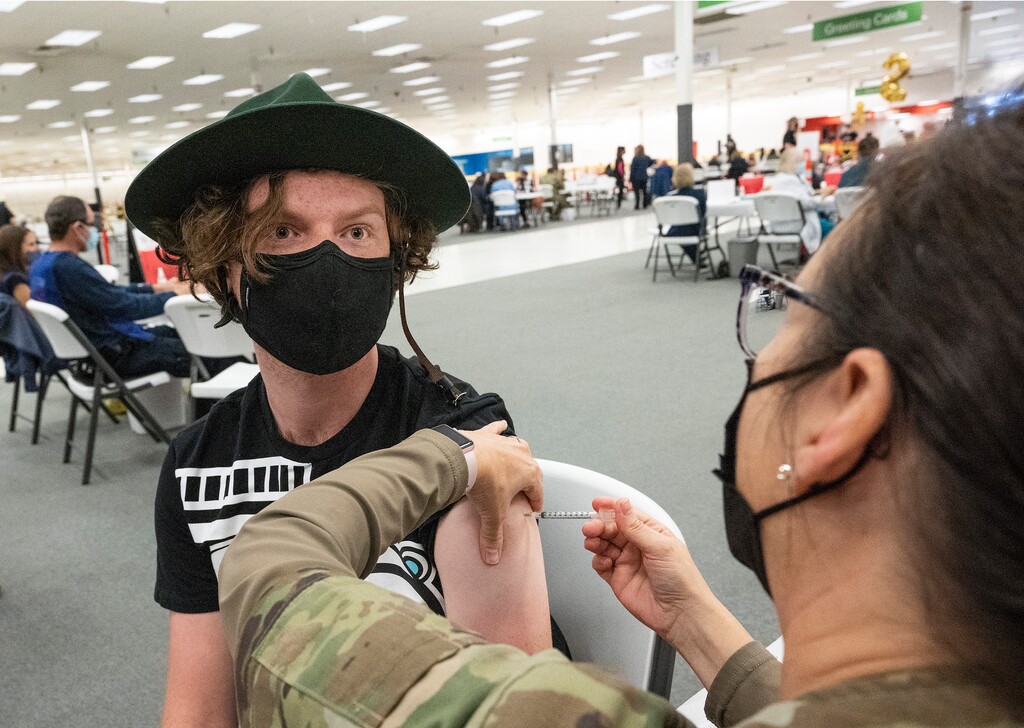 (Leah Hogsten | The Salt Lake Tribune)  Max Jones, 20, receives his second dose of the COVID-19 vaccine from the Utah County Health Department in Spanish Fork, Mar. 25, 2021.