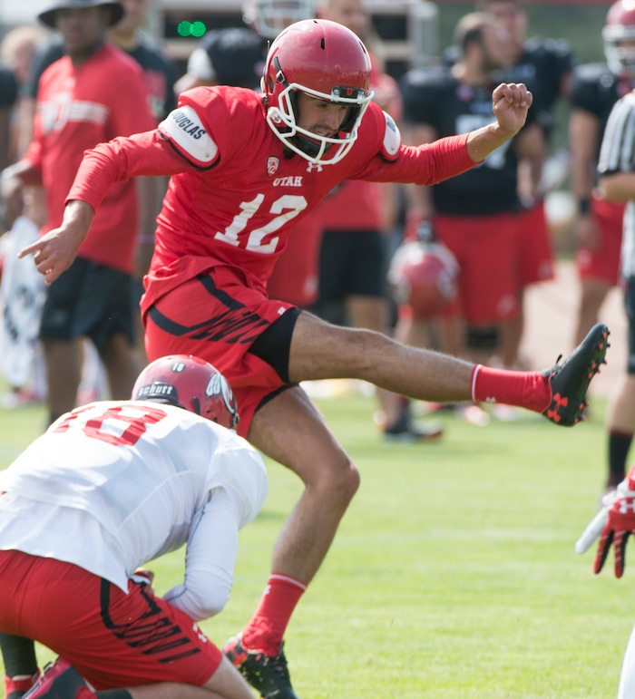 (Rick Egan  |  The Salt Lake Tribune)Utah kicker Chayden Johnston, attempts a field goal, during practice, Monday, August 7, 2017.