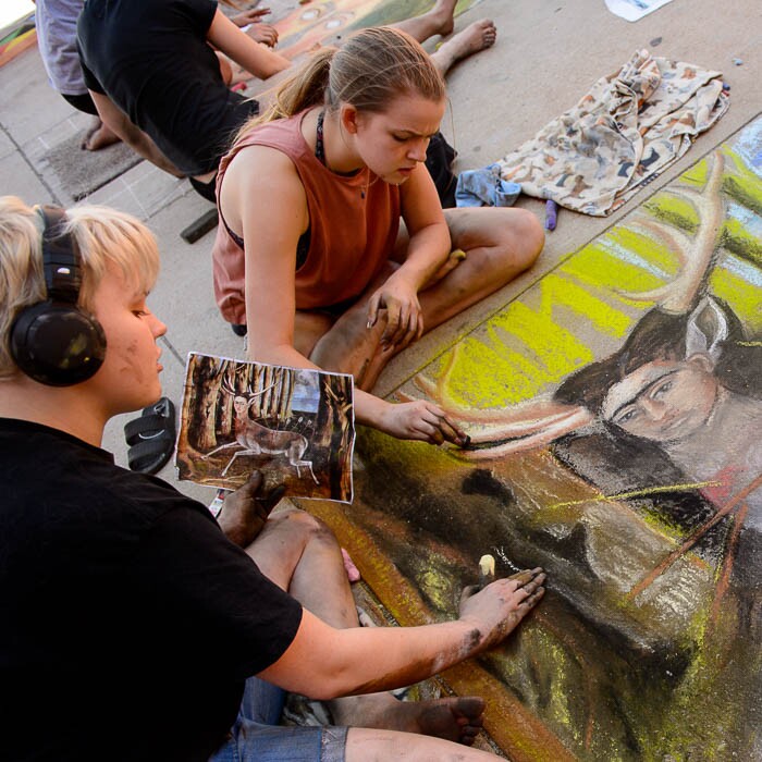 (Trent Nelson | The Salt Lake Tribune)  Alta High School's annual "Chalk the Walk" event, a school tradition since 1985 in which students recreate famous art works in sidewalk chalk. Maguire Wright and Alisha Yockey working on a chalk version of The Wounded Deer by Frida Kahlo, Friday May 25, 2018.