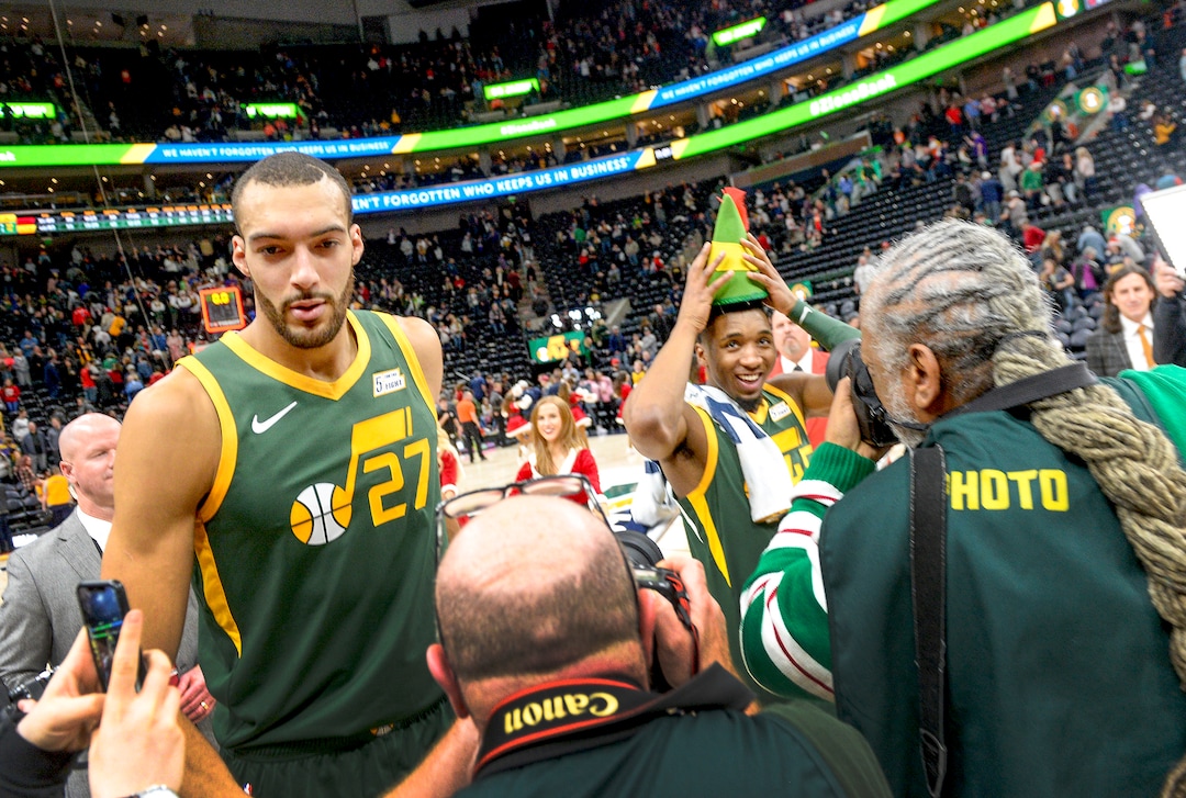 Leah Hogsten  |  The Salt Lake Tribune  Utah Jazz center Rudy Gobert (27) places an elf hat on the head of Utah Jazz guard Donovan Mitchell (45) after the win. The Utah Jazz defeated the Portland Trail Blazers, 117-96, Christmas night at Vivint Smart Home Arena.