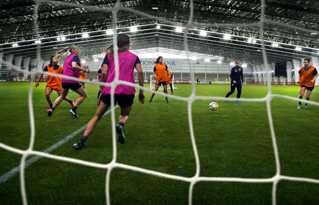 (Scott Sommerdorf | The Salt Lake Tribune) 
The Utah Royals FC practice indoors Thursday at the practice facility in Herriman.