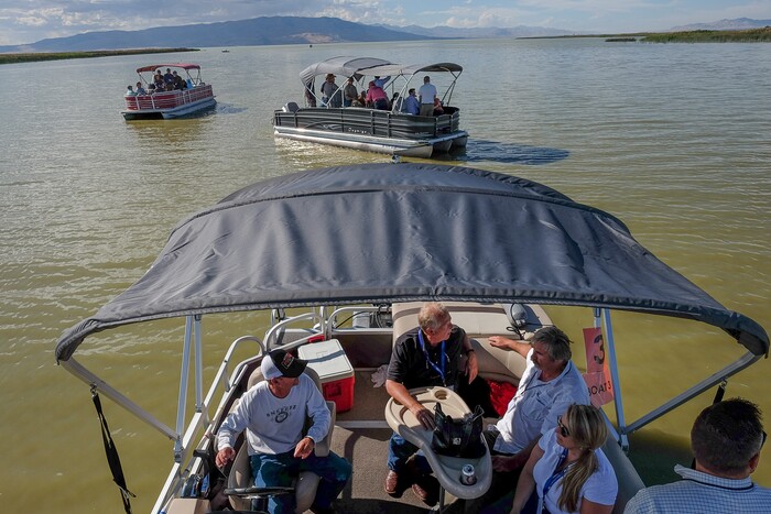 (Francisco Kjolseth | The Salt Lake Tribune) Members of the Legislative Water Development Commission take a tour of Utah Lake on Wednesday, Sept. 13, 2017, for the purpose of learning of wastewater treatment, the importance of protecting our lakes and rivers, how the state is looking to change water quality standards and how regulation is an important local issue.