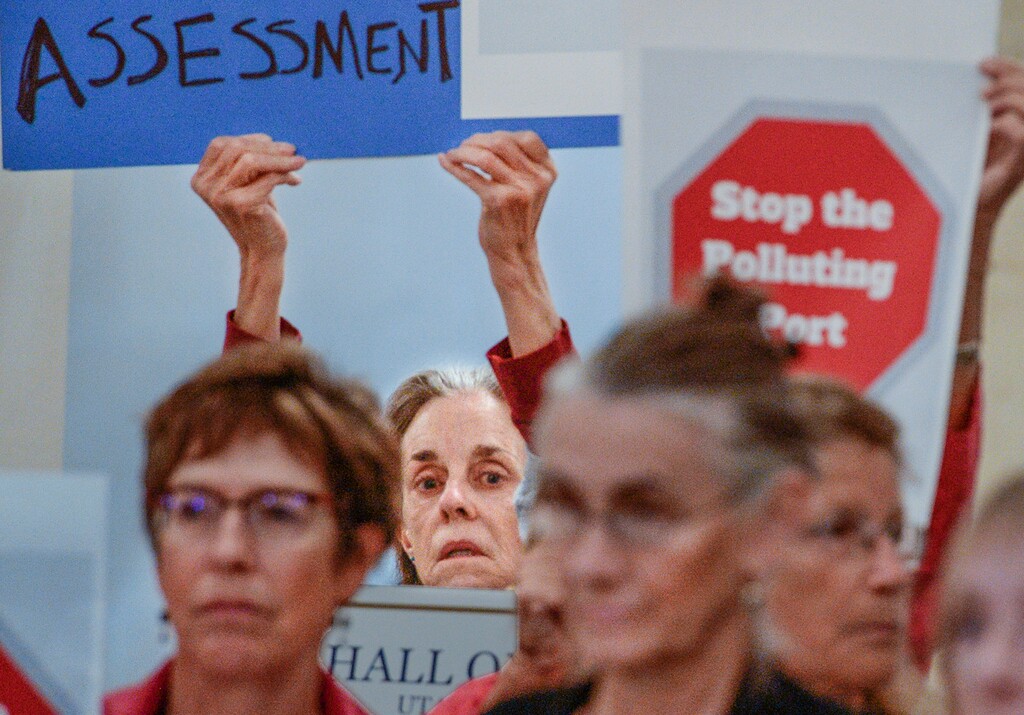 (Leah Hogsten | Tribune file photo)  Kathryn Lenton and fellow Stop the Polluting Port Coalition members rally in the Capitol, calling for funding of a comprehensive health impact assessment, Sept. 18, 2019, in letters delivered to Utah House Speaker Brad Wilson and Utah Senate President Stuart Adams regarding the proposed 16,000-acre area controlled by the Utah Inland Port Authority.
