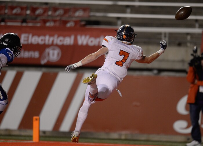 (Francisco Kjolseth  |  The Salt Lake Tribune)  Beau Robinson of Mountain Crest sees a pass go long as they take on Stansbury in their class 4A semifinal game at Rice-Eccles Stadium, Thursday, Nov. 9, 2017.