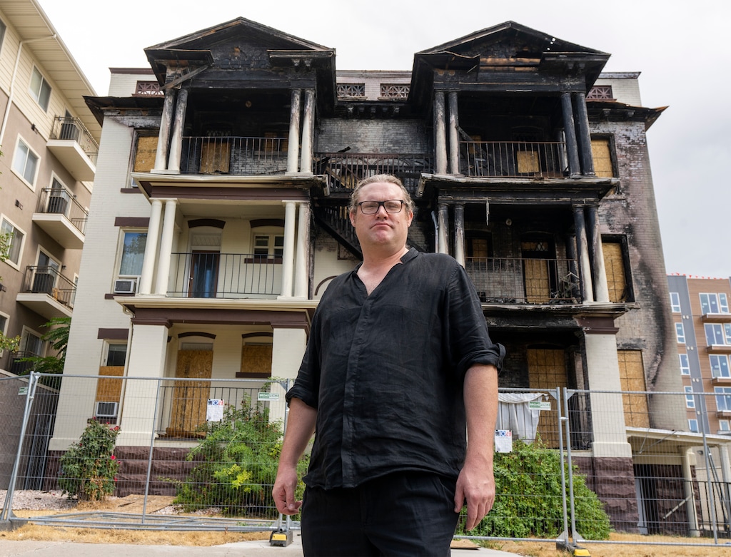 (Rick Egan | The Salt Lake Tribune) G.T. Esplin, photographed in September, was a tenant in the Silverado Apartments, which ignited after an explosion on May 30, 2022. He is one of the former tenants now suing the landlords of the building.