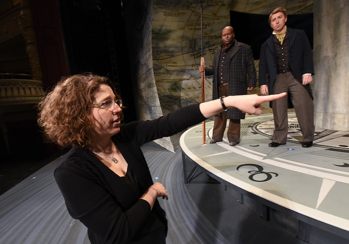 (Francisco Kjolseth  |  The Salt Lake Tribune)  Kristine McIntyre, the director of Utah Opera's upcoming "Moby-Dick," is a huge Melville nerd who has read the book seven times since Utah Opera hired her for the gig. Recently some of the cast (including Musa Ngqungwana, center, and Joshua Dennis) was on set as McIntyre directed them through staged scenes for the company's upcoming 21st-century opera by Jake Heggie based on the classic novel by Herman Melville.