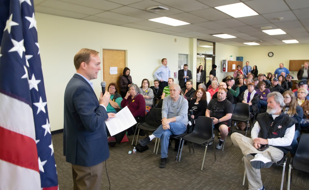 (Keith Johnson  |  for The Salt Lake Tribune) Newly elected Utah Congressman Ben McAdams, representing Utah's 4th District, holds a town hall meeting at the Redwood Recreational Center in West Valley City, Utah on Jan. 19, 2019. McAdams held the town hall meeting to make good on a promise to be more accessible to constituents, a criticism he leveled against former congresswoman Mia Love during McAdam's campaign. 