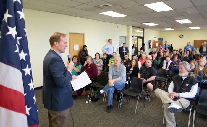 (Keith Johnson  |  for The Salt Lake Tribune) Newly elected Utah Congressman Ben McAdams, representing Utah's 4th District, holds a town hall meeting at the Redwood Recreational Center in West Valley City, Utah on Jan. 19, 2019. McAdams held the town hall meeting to make good on a promise to be more accessible to constituents, a criticism he leveled against former congresswoman Mia Love during McAdam's campaign. 