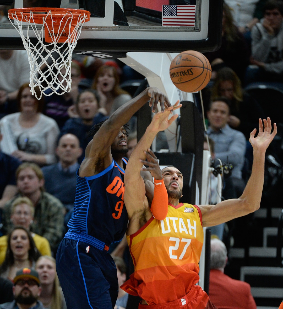 (Francisco Kjolseth  |  The Salt Lake Tribune)   Oklahoma City Thunder forward Jerami Grant (9) battles Utah Jazz center Rudy Gobert (27) in the second half of the NBA game at Vivint Smart Home Arena Sat., Dec. 22, 2018, in Salt Lake City.