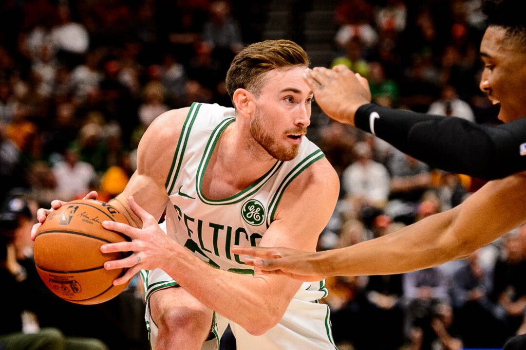 (Trent Nelson | The Salt Lake Tribune)  Boston Celtics forward Gordon Hayward (20) defended by Utah Jazz guard Donovan Mitchell (45). Utah Jazz vs. Boston Celtics, NBA basketball in Salt Lake City on Friday Nov. 9, 2018.