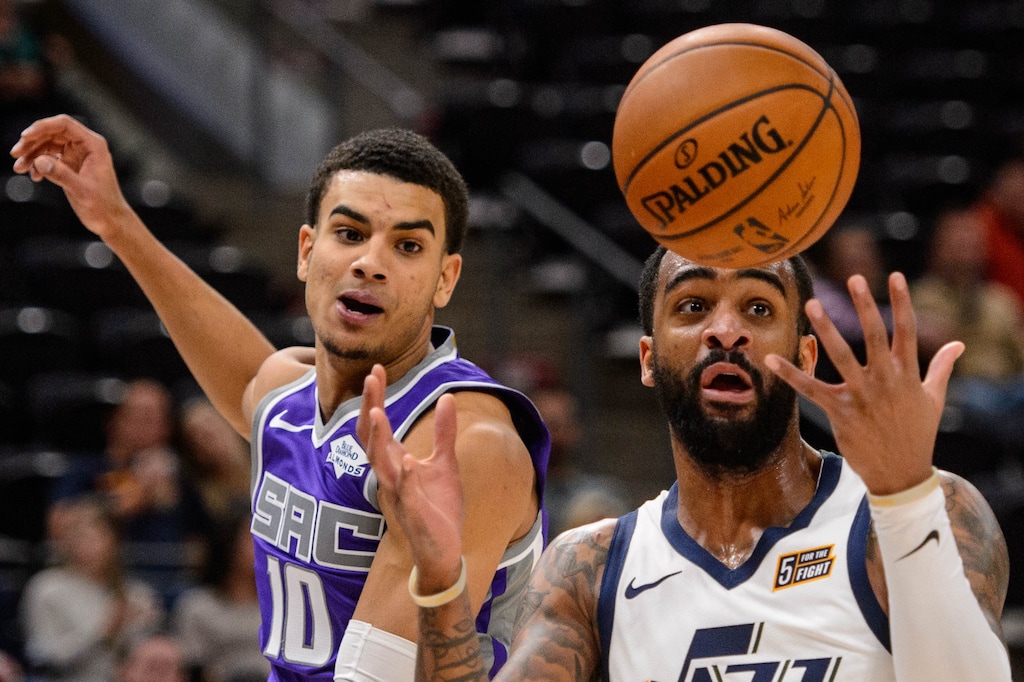 (Trent Nelson  |  The Salt Lake Tribune) Utah Jazz forward Stanton Kidd (15) loses the ball as the Utah Jazz hosts the Sacramento Kings, NBA basketball in Salt Lake City on Monday Oct. 14, 2019. At left, Sacramento Kings guard Justin James (10).