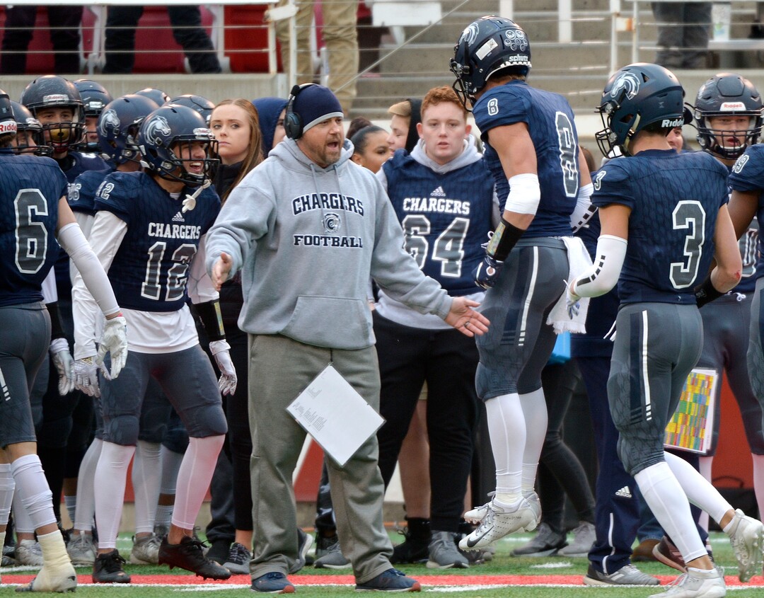 (Leah Hogsten  |  The Salt Lake Tribune) Corner CanyonÕs Noah Kjar pulls down an inteception in the first half.  Corner Canyon High School takes on American Fork High School during the 6A State Championship football title, Nov. 22, 2019 at Rice-Eccles Stadium.
