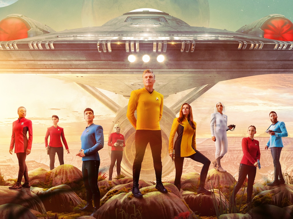 (James Dimmock | Paramount+) Celia Rose Gooding as Uhura, Melissa Navia as Ortegas, Ethan Peck as Spock, Bruce Horak as Hemmer, Anson Mount as Pike, Rebecca Romijn as Una, Jess Bush as Chapel, Christina Chong as La’an and Babs Olusanmokun as M’Benga in "Star Trek: Strange New Worlds."