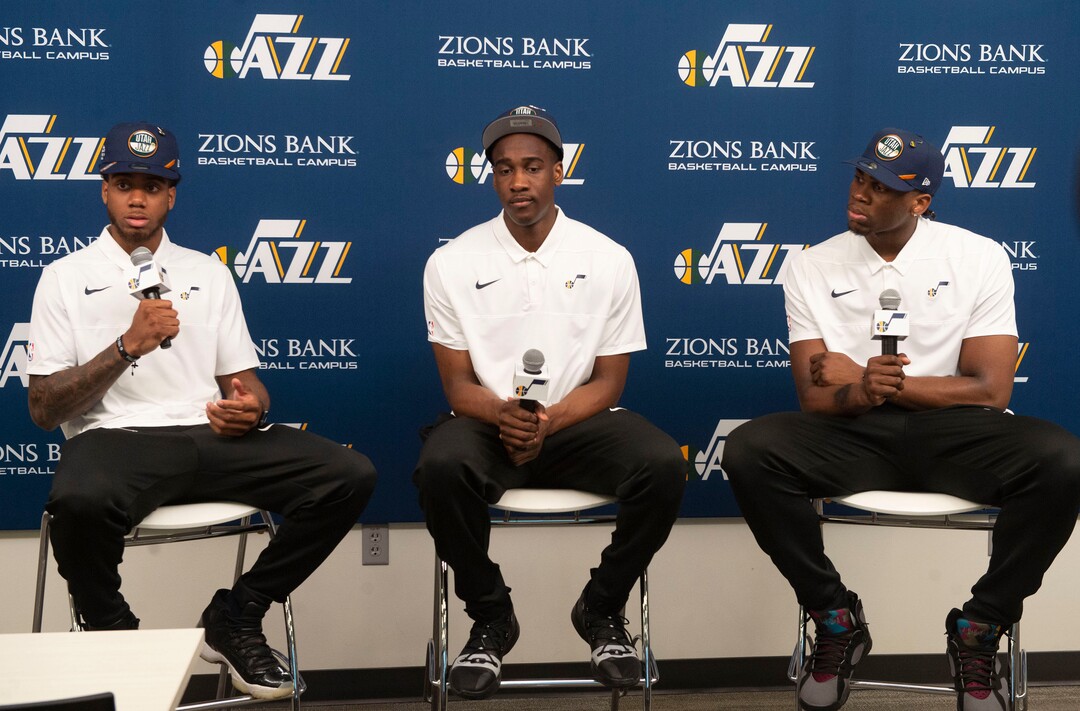 (Rick Egan  |  The Salt Lake Tribune)   Utah Jazz draft picks Justin Wright-Foreman, Miye Oni, and Jarrell Brantley are introduced to the media during a news conference at the Zions Bank Basketball Campus, Thursday, June 27, 2019.
