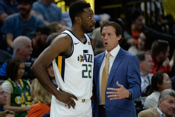 (Francisco Kjolseth  |  The Salt Lake Tribune)  Jazz coach Quin Snyder speaks with Utah Jazz forward Jeff Green (22) as the Utah Jazz host the Portland Trailblazers in their NBA basketball game at Vivint Smart Home Arena in Salt Lake City on Wed. Oct. 16, 2019.