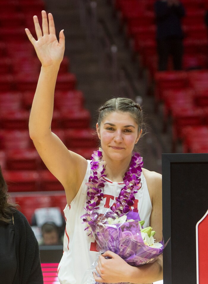 (Rick Egan  |  The Salt Lake Tribune)      Utah Utes forward Emily Potter (12) waves to the crowd, as she his honored on senior night, in PAC-12 women's basketball action at the Jon M. Huntsman Center, Sunday, Feb. 18, 2018.