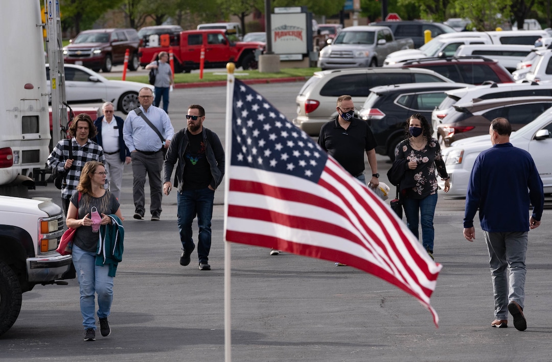 (Francisco Kjolseth | The Salt Lake Tribune) Delegates arrive for the Utah Republican Party’s 2021 Organizing Convention at the Maverik Center in West Valley City on Saturday, May 1, 2021.
