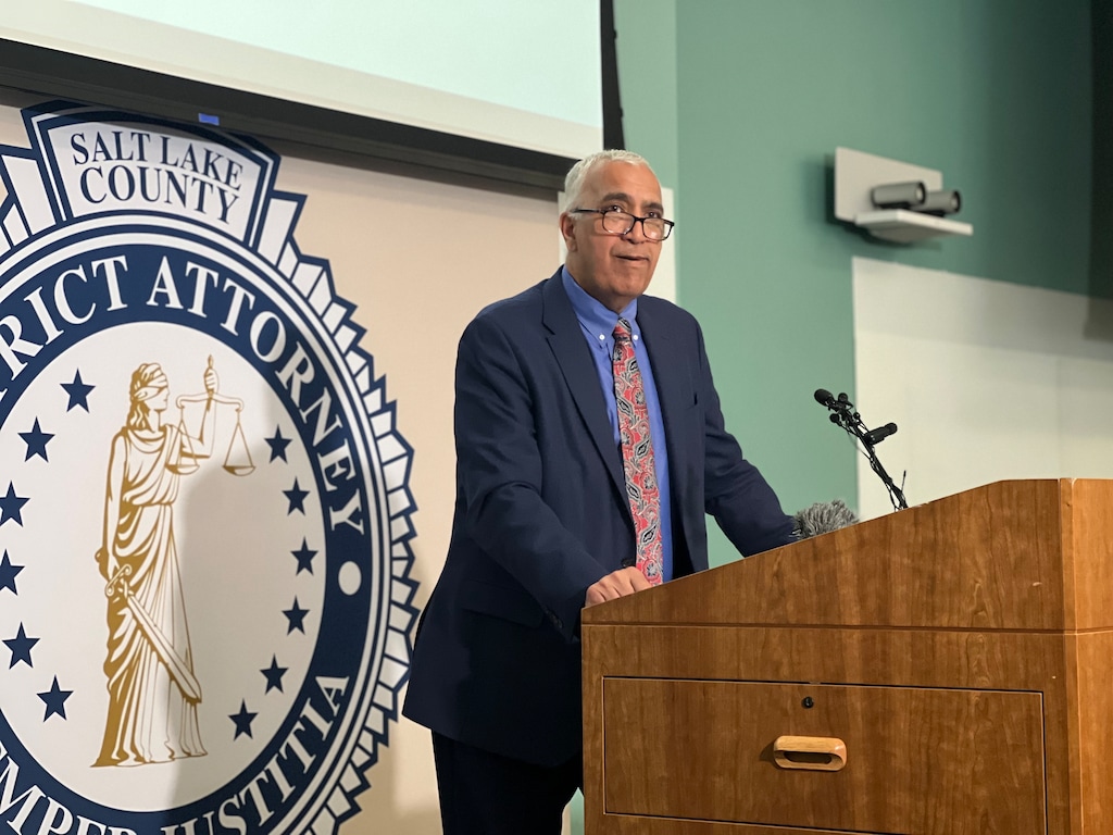 (Jordan Miller | The Salt Lake Tribune) Salt Lake County District Attorney Sim Gill during a news conference on March 29, 2024.
