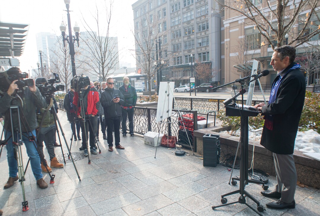 (Rick Egan  |  The Salt Lake Tribune)       Derek Miller, president and CEO of the Salt Lake Chamber and Downtown Alliance, speaks as officials celebrate the 20th anniversary of TRAX trains during a news conference at the City Creek Trax stop on Main Street in Salt Lake City, Wednesday, Dec. 4, 2019.