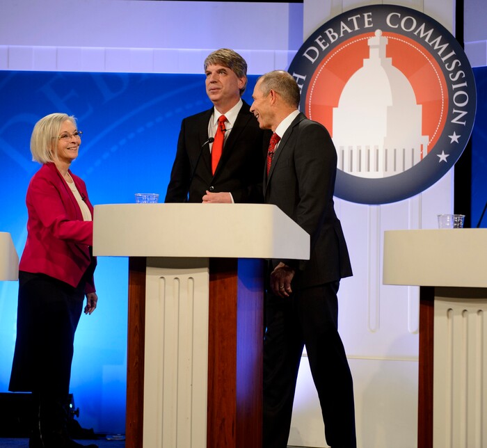 (Steve Griffin  |  The Salt Lake Tribune)  Democrat Kathie Allen, United Utah Party candidate Jim Bennett and Republican John Curtis participate in a debate hosted by the Utah Debate Commission at the KBYU Studios on the BYU campus in Provo Wednesday October 18, 2017. They are the three highest-polling candidates in the special election to fill UtahÕs vacant 3rd District congressional seat.