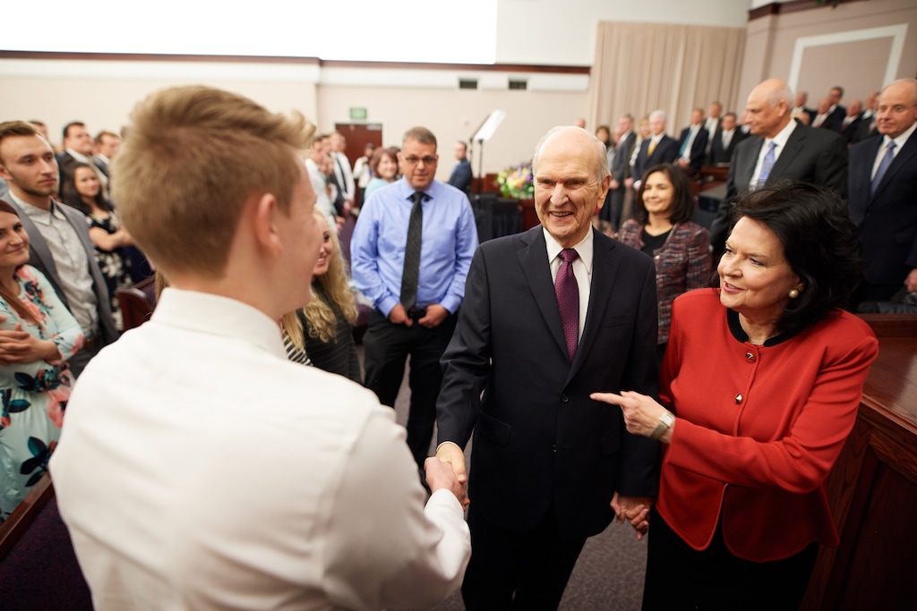 (Courtesy LDS Church) LDS Church President Russell M. Nelson and his wife, Wendy Nelson, greet young adults at a fireside in Las Vegas on Feb. 17, 2018.